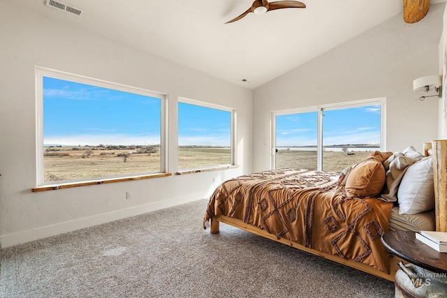13331 Peaceful Way, Nampa, ID 83686 - bedroom featuring ceiling fan, visible vents, vaulted ceiling, baseboards, and carpet