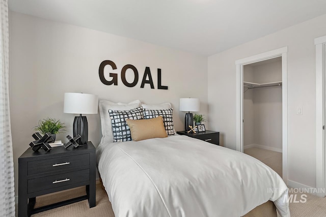 carpeted bedroom with a spacious closet, baseboards, and a closet