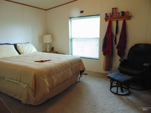 bedroom with ornamental molding and carpet floors
