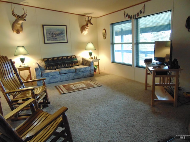 carpeted living area featuring ornamental molding