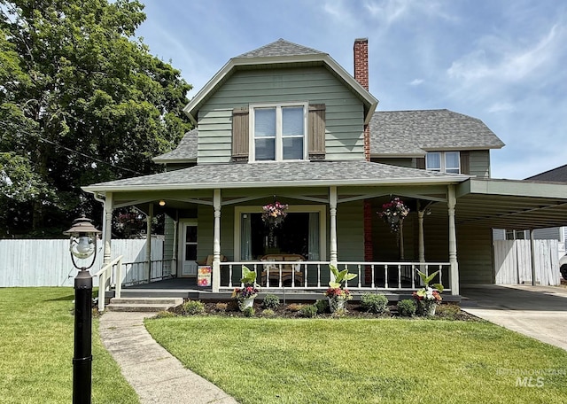 407 1st St, Asotin, WA 99402 - farmhouse inspired home with covered porch, a chimney, roof with shingles, and a carport