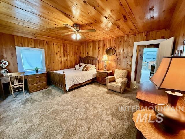 407 1st St, Asotin, WA 99402 - bedroom featuring carpet flooring, wood walls, and wooden ceiling