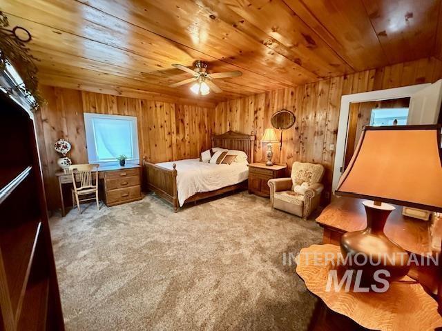 407 1st St, Asotin, WA 99402 - carpeted bedroom featuring wooden ceiling and wood walls