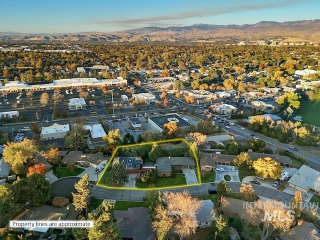 drone / aerial view featuring a mountain view