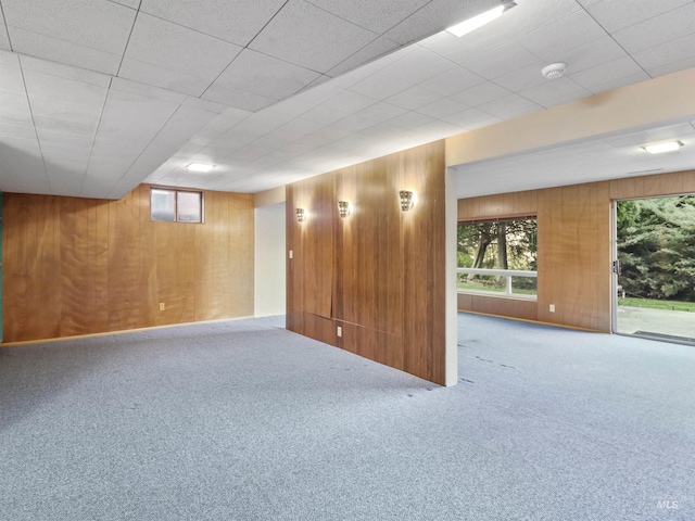 basement with wood walls and carpet floors