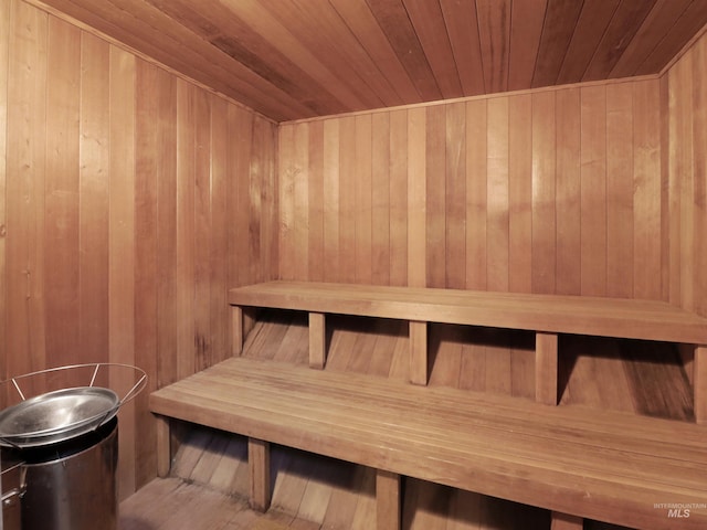 view of sauna / steam room featuring wood walls, wood ceiling, and hardwood / wood-style floors