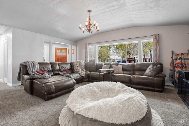 360 N 700 W, Paul, ID 83347 - carpeted living area with vaulted ceiling, a chandelier, a textured ceiling, and baseboards