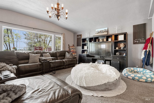 360 N 700 W, Paul, ID 83347 - carpeted living area with vaulted ceiling and a chandelier