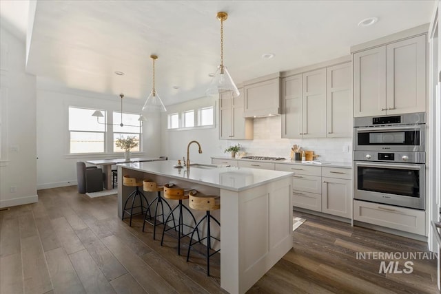 4265 W Thornapple Dr, Meridian, ID 83646 - kitchen with appliances with stainless steel finishes, a center island with sink, a sink, a breakfast bar, and dark wood-style floors