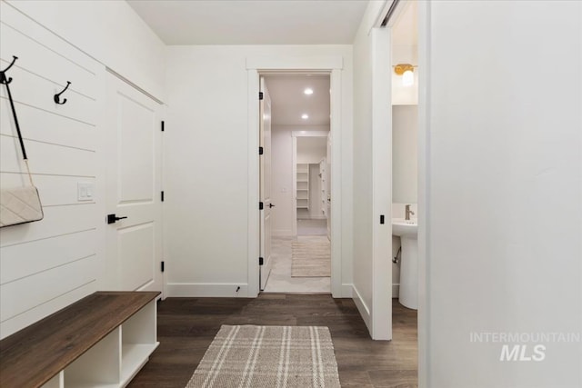 4265 W Thornapple Dr, Meridian, ID 83646 - mudroom featuring dark wood-type flooring, baseboards, and recessed lighting
