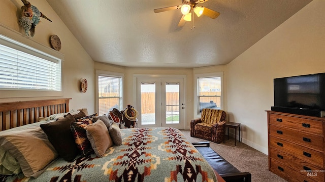 bedroom with ceiling fan, access to exterior, carpet, and multiple windows