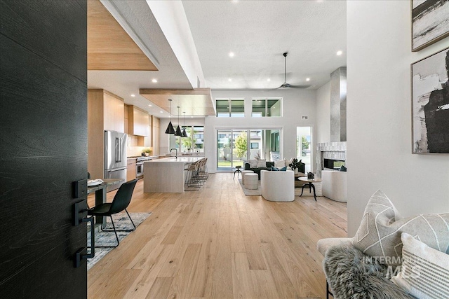 living room with a fireplace, a high ceiling, light wood-type flooring, and sink