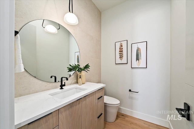 bathroom featuring vanity, hardwood / wood-style flooring, and toilet