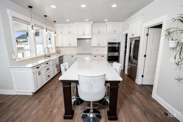 7063 S Pear Blossom, Meridian, ID 83642 - kitchen featuring white cabinets, a sink, dark wood finished floors, stainless steel appliances, and backsplash