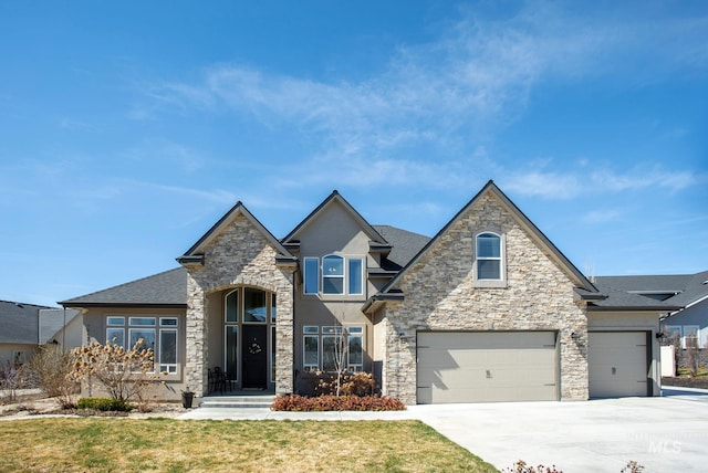 7063 S Pear Blossom, Meridian, ID 83642 - view of front of home with stucco siding, driveway, stone siding, a front lawn, and a shingled roof