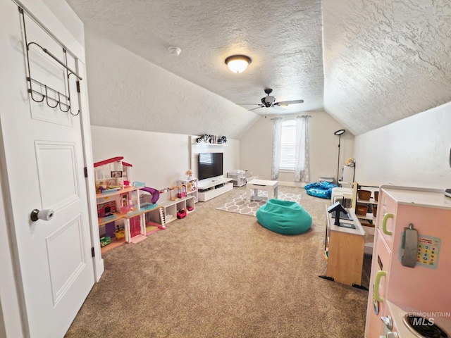 7063 S Pear Blossom, Meridian, ID 83642 - rec room featuring a ceiling fan, a textured ceiling, carpet, and lofted ceiling