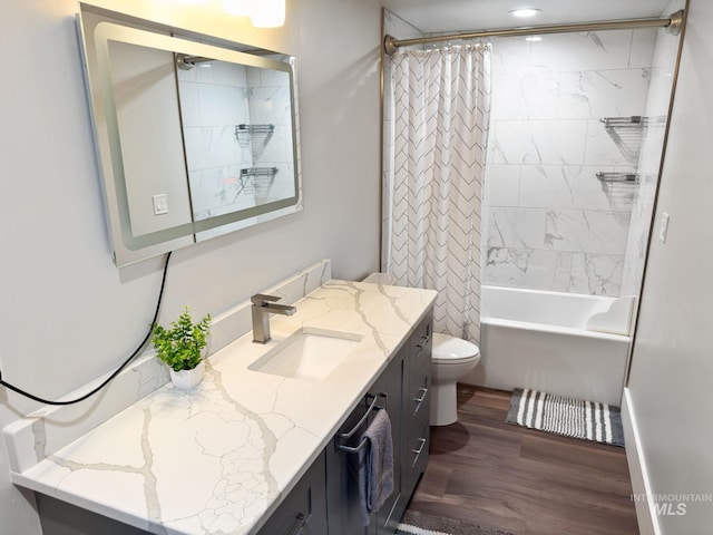 7063 S Pear Blossom, Meridian, ID 83642 - bathroom with toilet, shower / bathtub combination with curtain, vanity, and wood finished floors