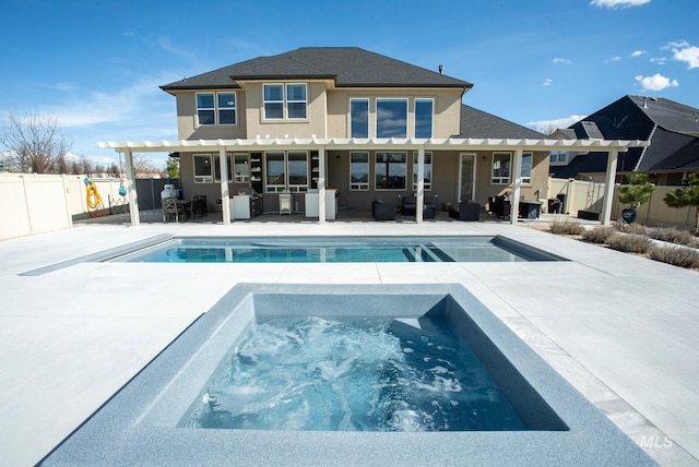 7063 S Pear Blossom, Meridian, ID 83642 - back of house featuring a patio, stucco siding, a pergola, an in ground hot tub, and a fenced backyard