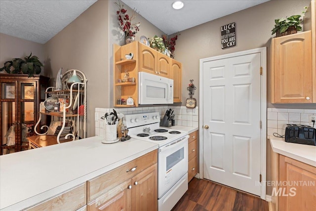 42 Hiatt Cir, Idaho City, ID 83631 - kitchen with white appliances, dark wood-style flooring, light countertops, light brown cabinets, and a textured ceiling