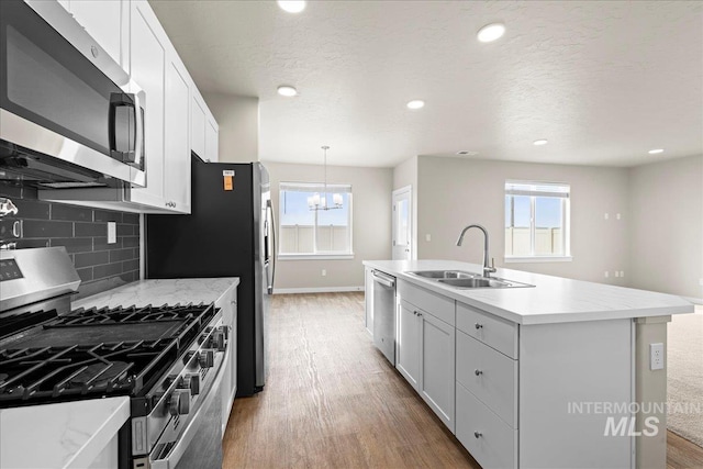 kitchen featuring light countertops, backsplash, appliances with stainless steel finishes, a sink, and wood finished floors