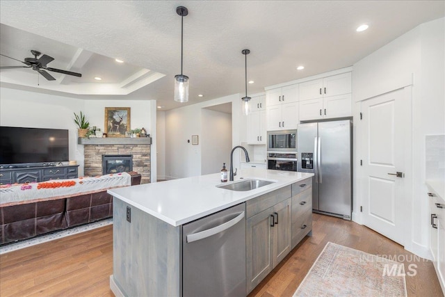 11328 W Campanula Dr, Star, ID 83669 - kitchen featuring stainless steel appliances, a sink, ceiling fan, light countertops, and a fireplace