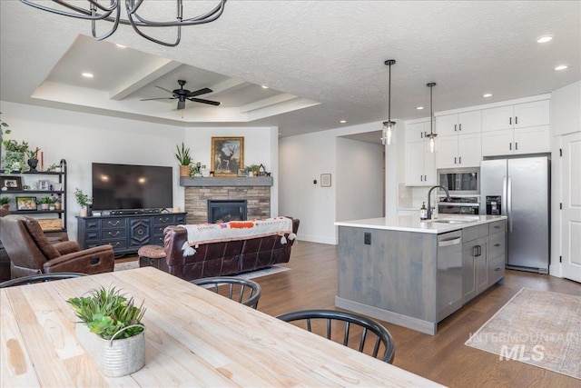 11328 W Campanula Dr, Star, ID 83669 - kitchen featuring appliances with stainless steel finishes, a sink, light countertops, open floor plan, and dark wood-style flooring