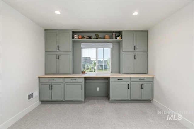 11328 W Campanula Dr, Star, ID 83669 - kitchen featuring open shelves, baseboards, light colored carpet, recessed lighting, and light countertops
