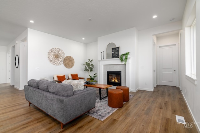 living room with a tile fireplace and light hardwood / wood-style floors