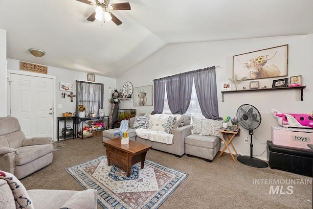 909 Arrow Wood Ct, Twin Falls, ID 83301 - carpeted living area with a ceiling fan and high vaulted ceiling