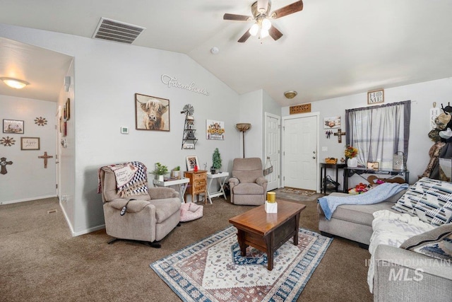 909 Arrow Wood Ct, Twin Falls, ID 83301 - carpeted living room featuring vaulted ceiling, ceiling fan, and baseboards