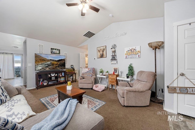 909 Arrow Wood Ct, Twin Falls, ID 83301 - carpeted living room featuring vaulted ceiling, ceiling fan, and baseboards