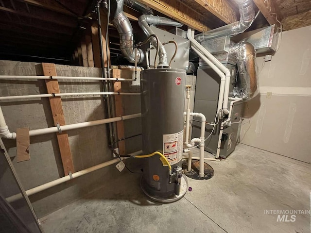 utility room with gas water heater and heating unit