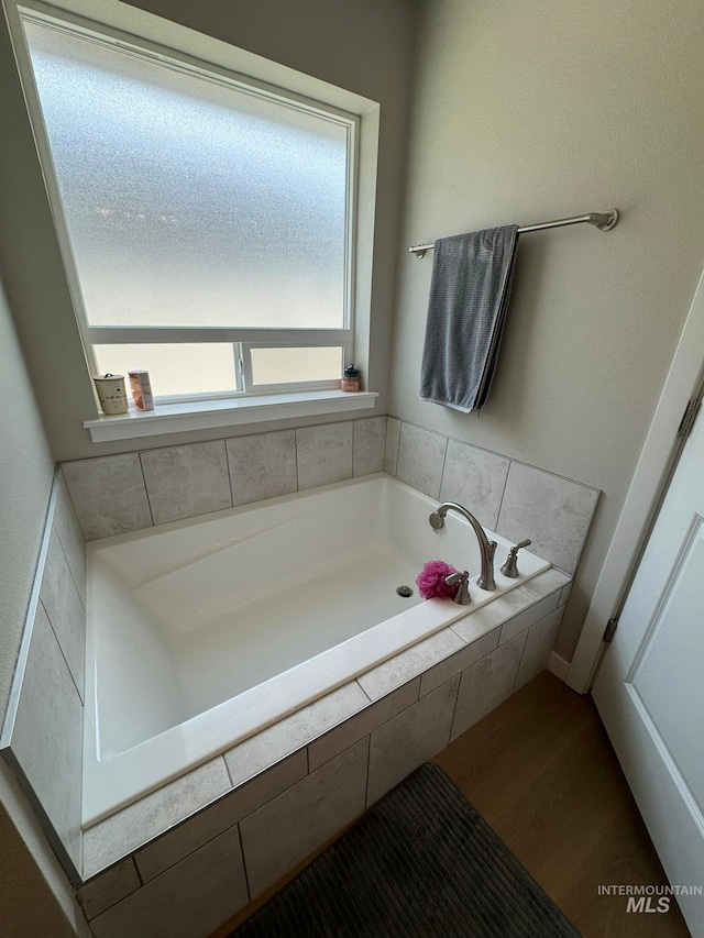 full bathroom featuring wood finished floors and a bath