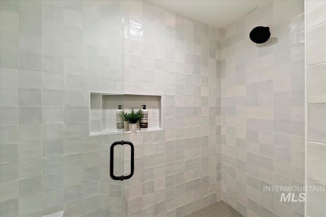 bathroom featuring a shower with shower door