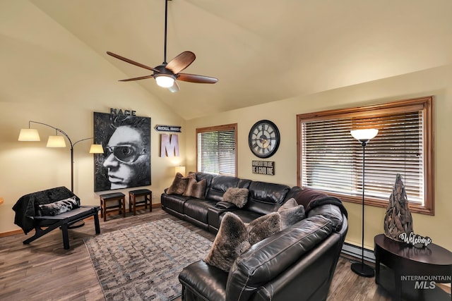 141 Stibnite St Unit 15, Mccall, ID 83638 - living area featuring a ceiling fan, wood finished floors, baseboards, a baseboard heating unit, and high vaulted ceiling