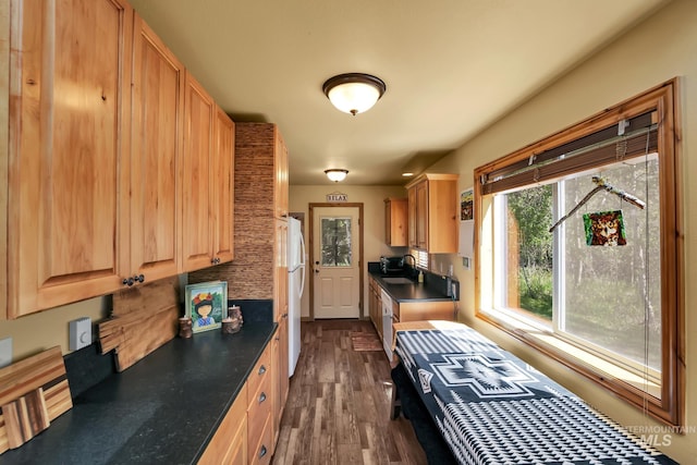 141 Stibnite St Unit 15, Mccall, ID 83638 - kitchen featuring freestanding refrigerator, dark countertops, dark wood finished floors, and light brown cabinets