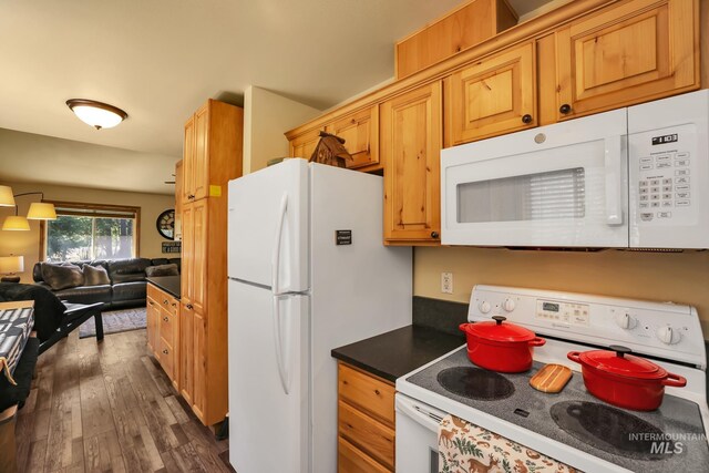 141 Stibnite St Unit 15, Mccall, ID 83638 - kitchen with white appliances, dark wood-type flooring, dark countertops, and open floor plan