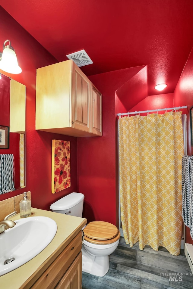 141 Stibnite St Unit 15, Mccall, ID 83638 - full bath featuring vanity, toilet, wood finished floors, a baseboard radiator, and a shower with shower curtain