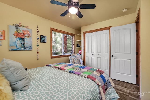 141 Stibnite St Unit 15, Mccall, ID 83638 - bedroom featuring wood finished floors, a closet, and a ceiling fan