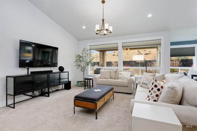 20513 N Glenisla Ave, Boise, ID 83714 - carpeted living room featuring baseboards, lofted ceiling, recessed lighting, and a chandelier