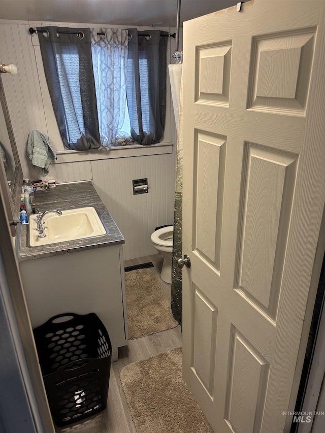 bathroom with vanity, hardwood / wood-style floors, and toilet