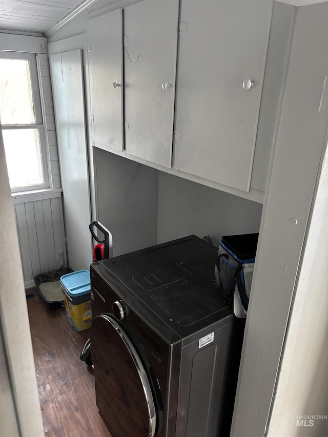 washroom featuring cabinets, dark hardwood / wood-style flooring, and washer / clothes dryer