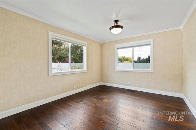 spare room with dark wood-type flooring, ornamental molding, and a healthy amount of sunlight