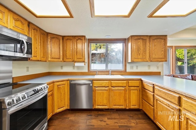 kitchen featuring kitchen peninsula, dark hardwood / wood-style floors, sink, and appliances with stainless steel finishes