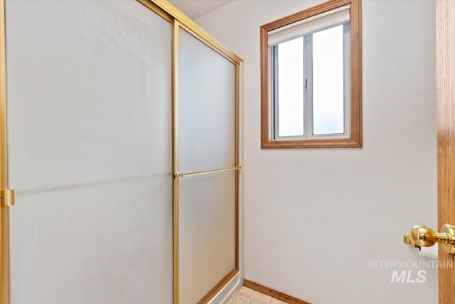 bathroom featuring a shower with shower door