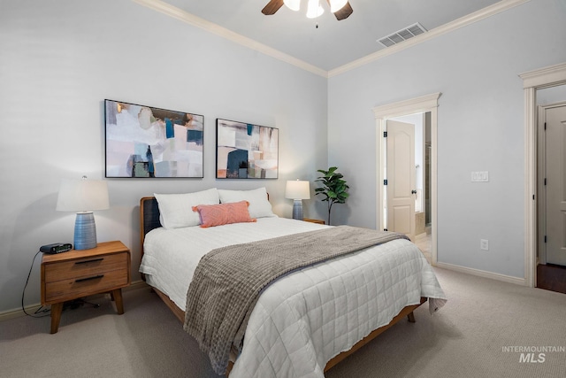 1814 E Grand Canyon Dr, Meridian, ID 83646 - bedroom with crown molding, light colored carpet, baseboards, ensuite bathroom, and visible vents
