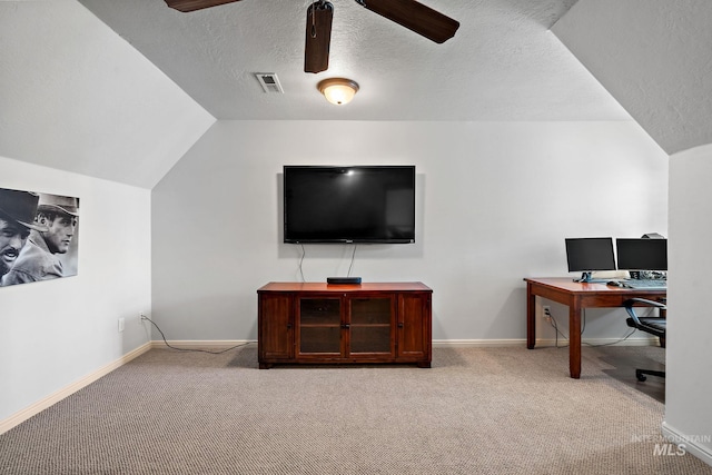 1814 E Grand Canyon Dr, Meridian, ID 83646 - carpeted office space featuring ceiling fan, a textured ceiling, baseboards, lofted ceiling, and visible vents