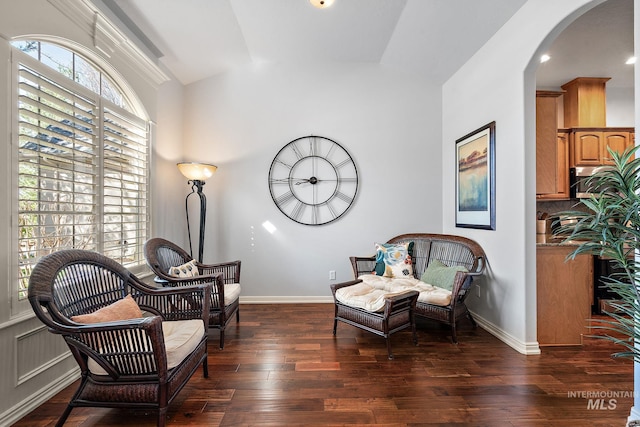 1814 E Grand Canyon Dr, Meridian, ID 83646 - sitting room with arched walkways, baseboards, dark wood-style flooring, and lofted ceiling