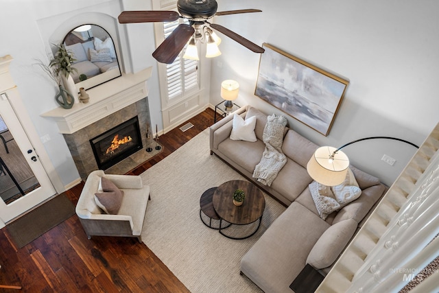 1814 E Grand Canyon Dr, Meridian, ID 83646 - living room with a ceiling fan, visible vents, wood finished floors, and a high end fireplace