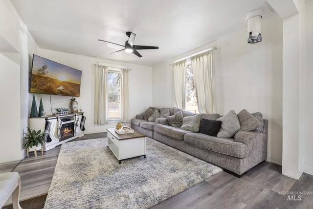 317 W C, Shoshone, ID 83352 - living room with a warm lit fireplace, ceiling fan, and wood finished floors